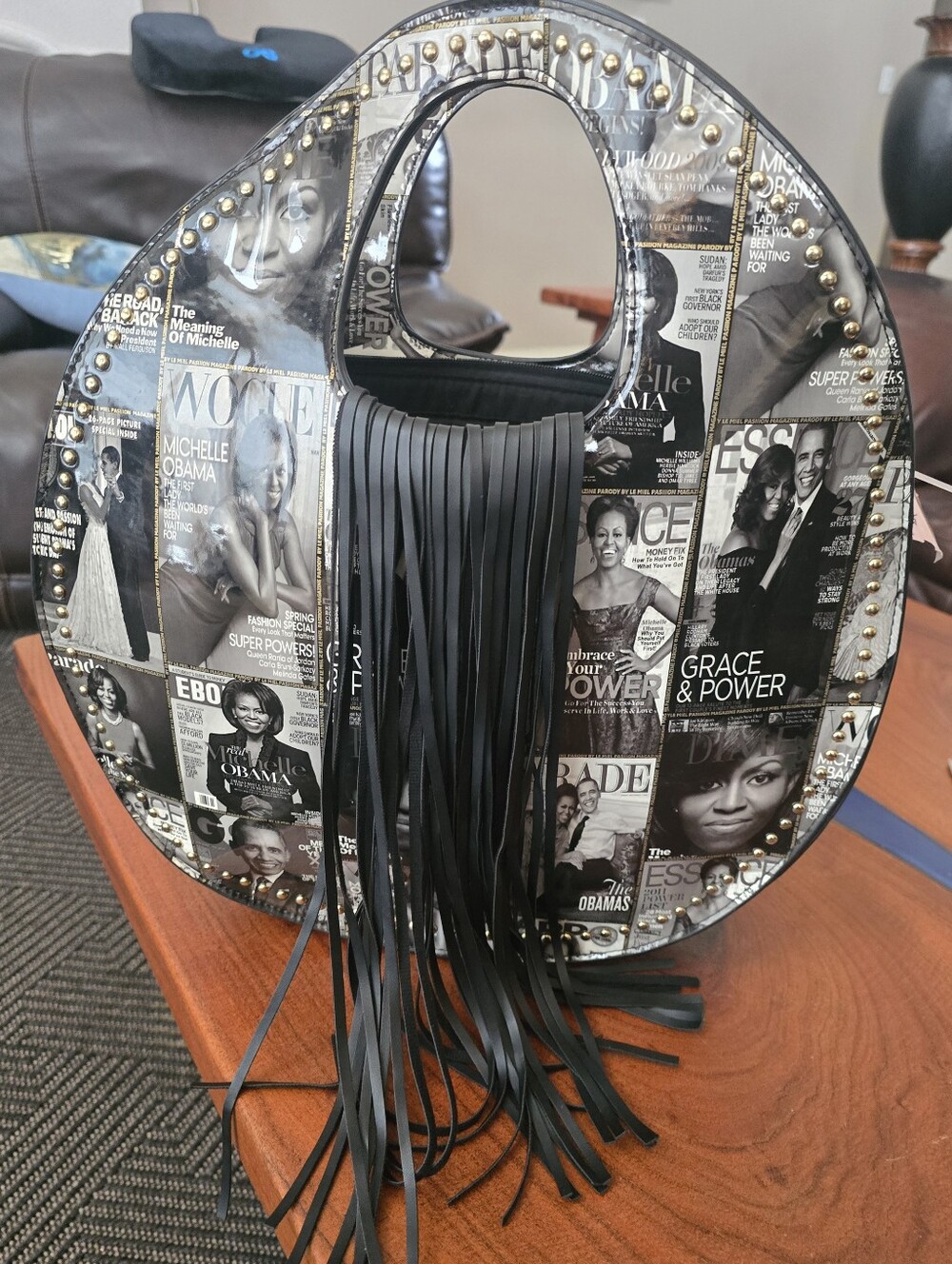 Fringe Tassel Glossy Magazine-Print Circle Tote - Black 15' Width 17' Lenght 3'